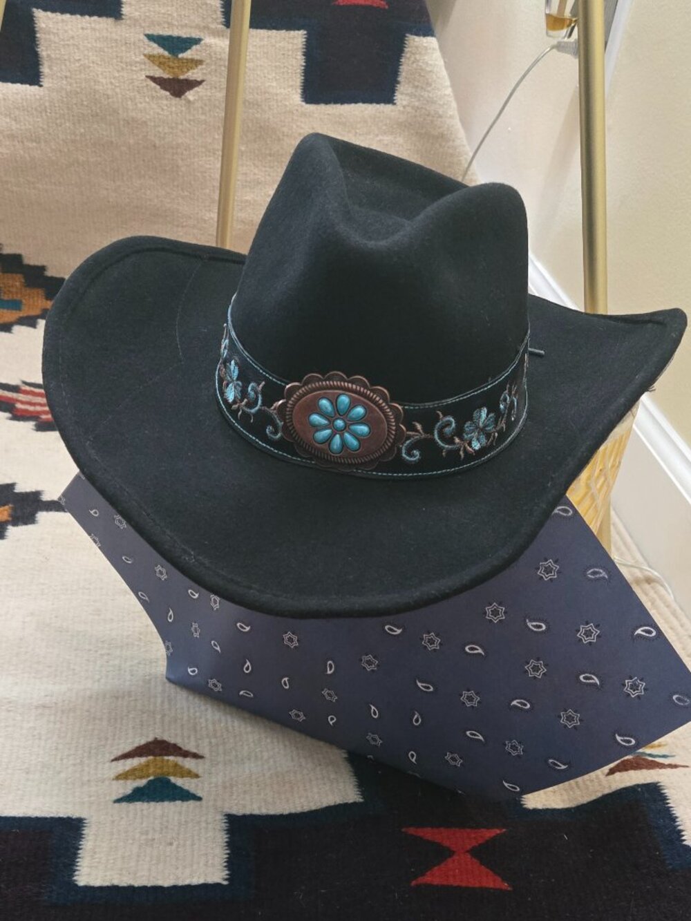 Women's Western Black Cowhide hat with turquoise band